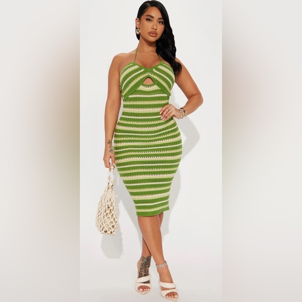 Sincerely Jules Green and Cream Striped Knit Dress large new with tag